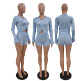 Single-breasted Striped Knit Two Piece Shorts Set GDYF-6904