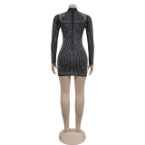 Fashion Hot Drill Mesh Long Sleeve Mini Dress BY-6381