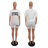 Plus Size PINK Letter Print T-shirt And Shorts Two Piece Set GMZD-M3111P41
