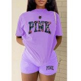 Plus Size PINK Letter Print T-shirt And Shorts Two Piece Set GMZD-M3111P41