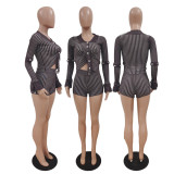 Single-breasted Striped Knit Two Piece Shorts Set GDYF-6904