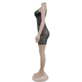 Solid Color Sling Mesh Hot Drill Mini Dress BY-6382
