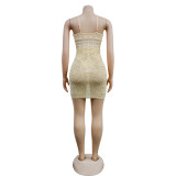 Solid Color Sling Mesh Hot Drill Mini Dress BY-6382