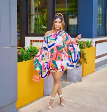 Fashion One Shoulder Loose Print Mini Dress NK-8626