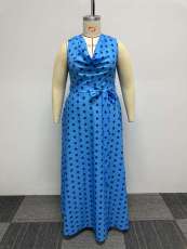 Plus Size Polka Dot Print Tie Up Big Swing Maxi Dress NY-10516
