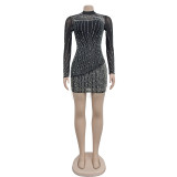 Fashion Hot Drill Mesh Long Sleeve Mini Dress BY-6381