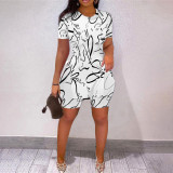 Fashion Print Slit Tops And Shorts Two Piece Set SHD-8058