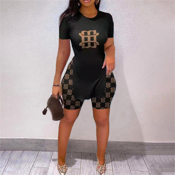 Fashion Print Slit Tops And Shorts Two Piece Set SHD-8058