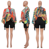 Lace-up Printed Bat Sleeve Chiffon Shirt YF-K10512