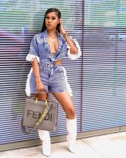 Summer Tassel Denim Three Piece Shorts Set YMEF-5295