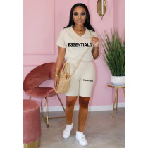 Letter Print V Neck Sport Two Piece Shorts Set TK-6293
