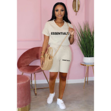 Letter Print V Neck Sport Two Piece Shorts Set TK-6293