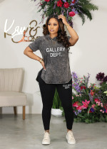 Letter Print Short Sleeve Two Piece Pants Set WAF-77589239