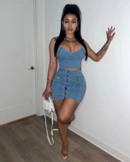 Sexy Denim Off Shoulder Tops And Skirts Two Piece Set TR-1267
