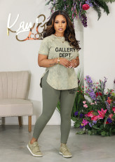 Letter Print Short Sleeve Two Piece Pants Set WAF-77589239