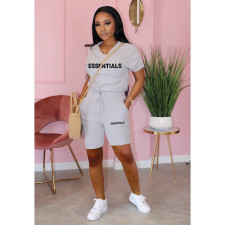 Letter Print V Neck Sport Two Piece Shorts Set TK-6293