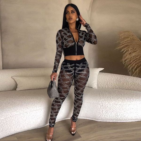 Plus Size Hot Drill Long Sleeve Mesh Two Piece Set NY-2745