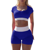 Contrast Color U Neck Yoga Fitness 2 Piece Shorts Set XHSY-19581