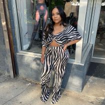 Zebra Print Tops And Micro Flare Pants 2 Piece Set NY-2755