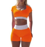 Contrast Color U Neck Yoga Fitness 2 Piece Shorts Set XHSY-19581