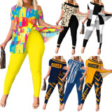 Contrast Color Slit Tops And Pants Two Piece Set NY-2748