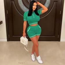 Fashion Knit Lapel Neck Two Piece Shorts Set OSM-4401