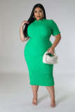 Plus Size Solid Color Short Sleeve Midi Dress OSM-5502