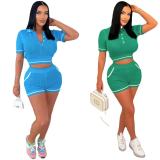 Fashion Knit Lapel Neck Two Piece Shorts Set OSM-4401