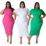 Plus Size Solid Color Short Sleeve Midi Dress OSM-5502