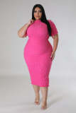 Plus Size Solid Color Short Sleeve Midi Dress OSM-5502
