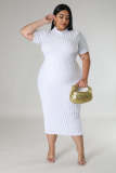 Plus Size Solid Color Short Sleeve Midi Dress OSM-5502