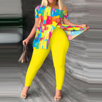 Contrast Color Slit Tops And Pants Two Piece Set NY-2748