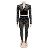 Solid Mesh Hot Drill Long Sleeve Two Piece Set BY-6548
