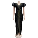 Hot Drill Bubble Sleeve Maxi Dress  BY-6500