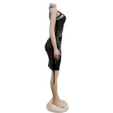 Solid Color Mesh Hot Drill Mini Dress BY-6353