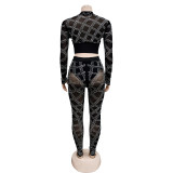 Solid Mesh Hot Drill Long Sleeve Two Piece Set BY-6548