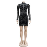 Mesh Hot Drill See Through Mini Dress BY-6385