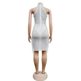 Solid Color Mesh Hot Drill Mini Dress BY-6353