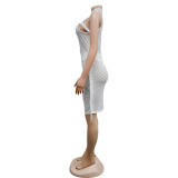 Solid Color Mesh Hot Drill Mini Dress BY-6353