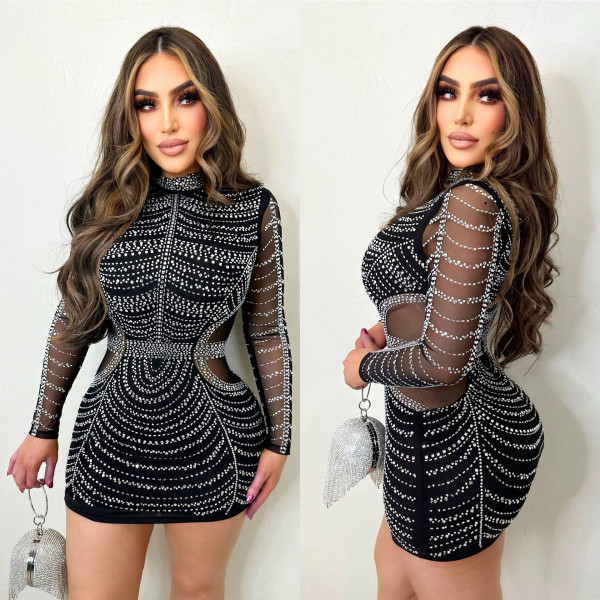 Mesh Hot Drill See Through Mini Dress BY-6385