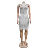 Solid Color Mesh Hot Drill Mini Dress BY-6353