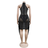 Solid Color Mesh Hot Drill Mini Dress BY-6353