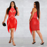 Solid Color Mesh Hot Drill Mini Dress BY-6353