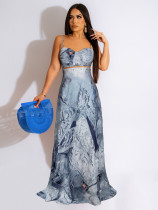 Sexy Print Sling Backless Maxi Dress ZSD-0599