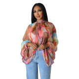 Shawl Laced Up Chiffon Bat Sleeve Top YF-10512