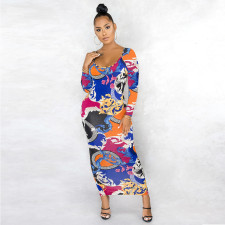 Fashion Print Long Sleeve Maxi Dress(Without Mask) LUO-6608