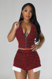 Sleeveless Stripe Zipper Two Piece Shorts Set YD-8752