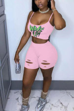 Plus Size Letter Print Casual Print Two Piece Shorts Set LUO-4014