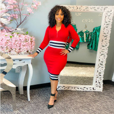 Fashion Color Block Zipper Midi Dress LUO-6640
