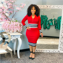 Fashion Color Block Zipper Midi Dress LUO-6640